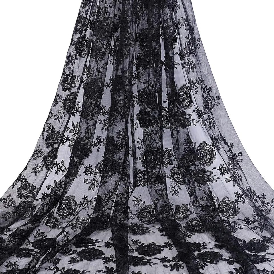BENECREAT Tissu Dentelle Brodé Floral Noir 2m Polyester 130cm