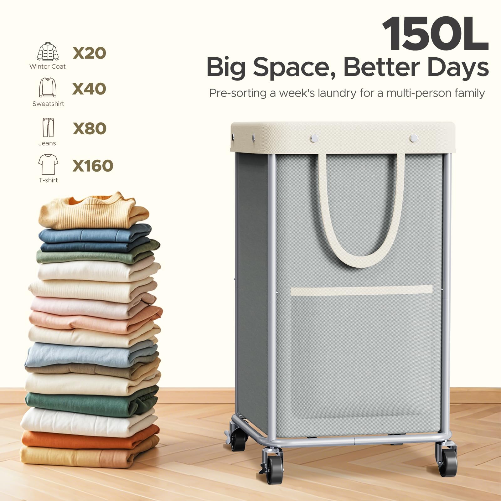 JYPS Panier À Linge Roulettes Gris 150L 50x40x80cm