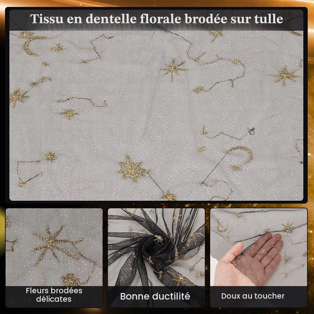 BENECREAT Tulle pailleté étoiles lune tissu noir 90x159 cm