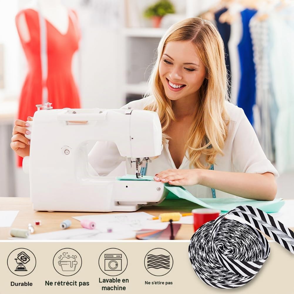 BENECREAT Biais Rayé Noir 10m Ruban 21mm Polyester