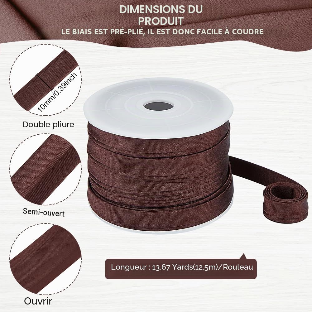 BENECREAT ruban biais satin brun coco 10 mm x 12,5 m