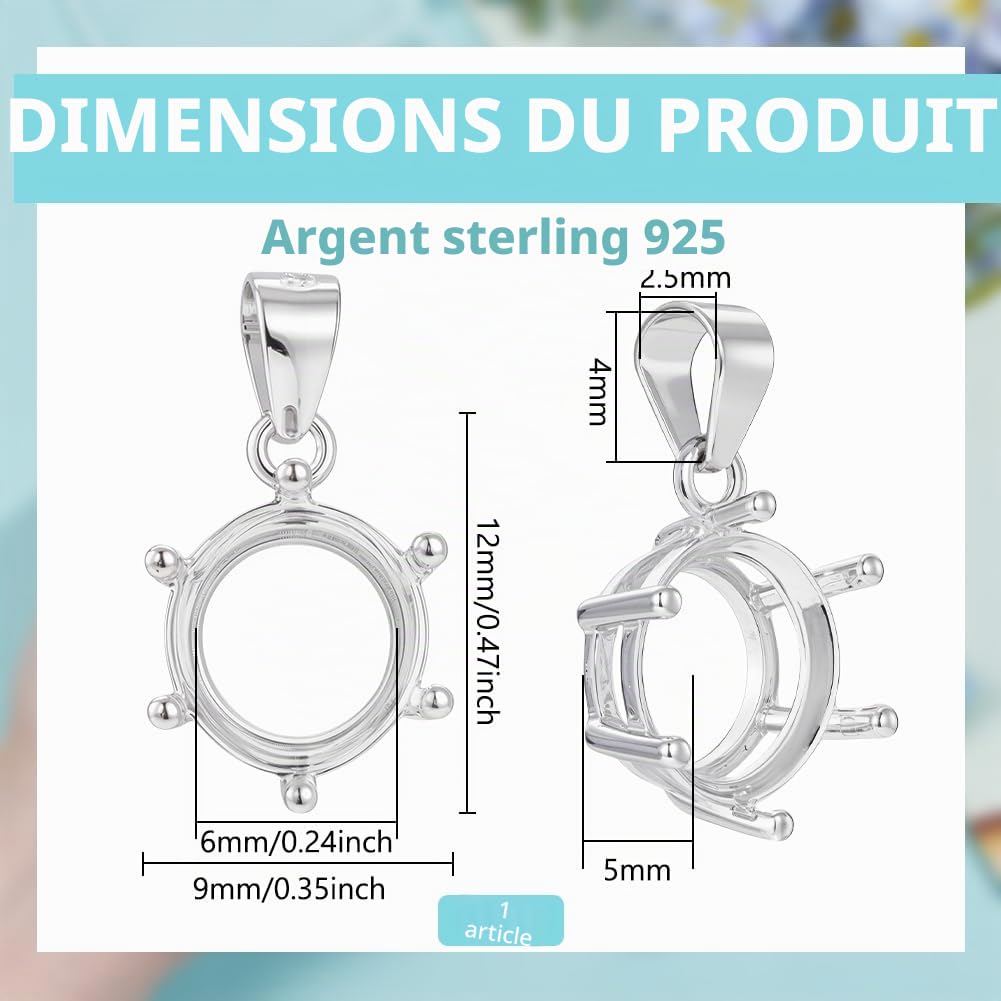 BENECREAT 925 pendentif rond 6 griffes argent 6mm
