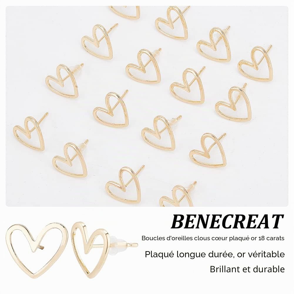 BENECREAT Clous d'oreilles cœur plaqué or 18K 16 pcs