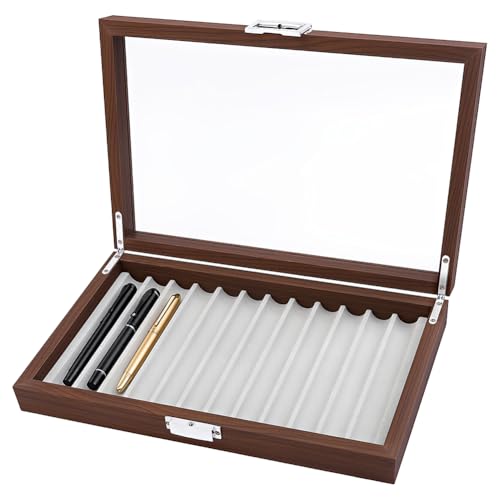 BENECREAT Boîte stylos bois noyer 12 places vitrée