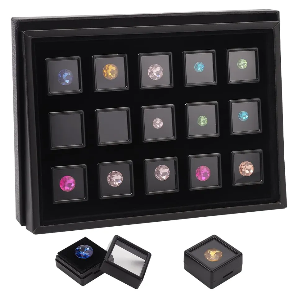 BENECREAT Boîte présentation pierres 2,95 cm noir x15 fenêtre