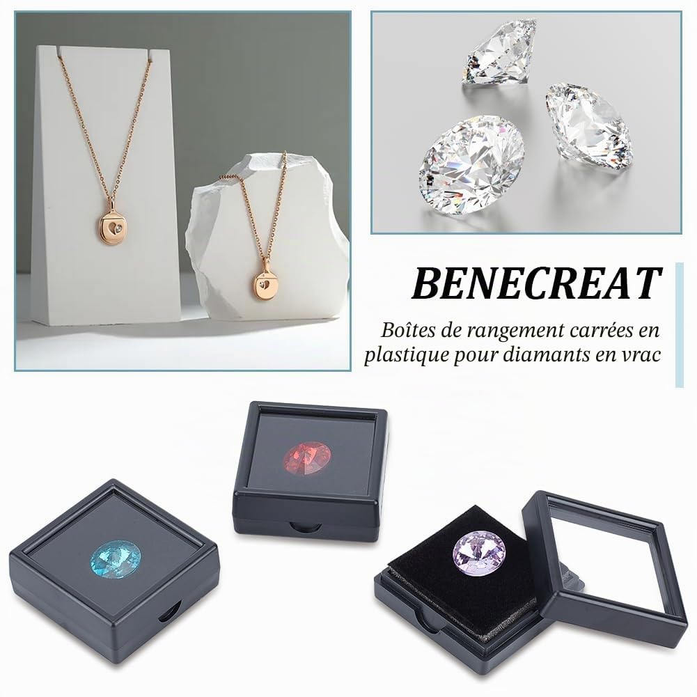 BENECREAT Boîte Présentation Gemme 40mm Noire 48pcs Plastique