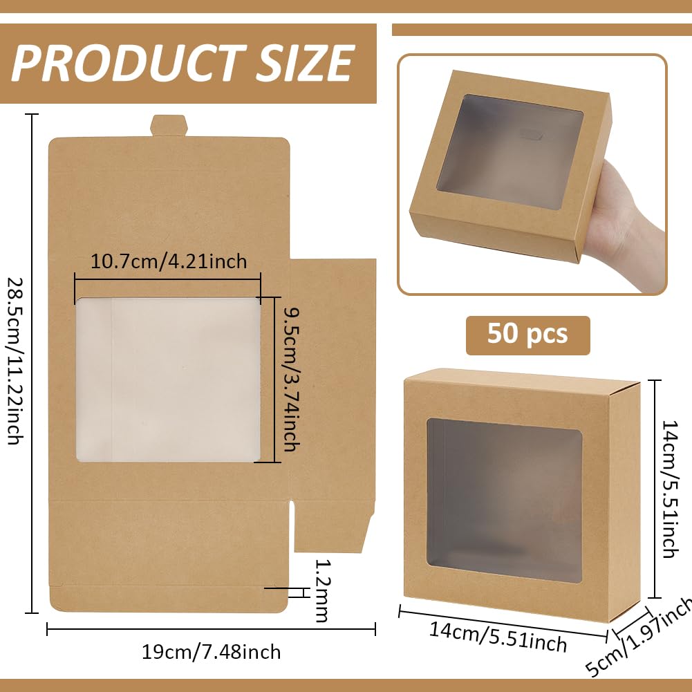 BENECREAT Boîtes Cadeau Carrées Fenêtre 14x14x5cm Kraft x50
