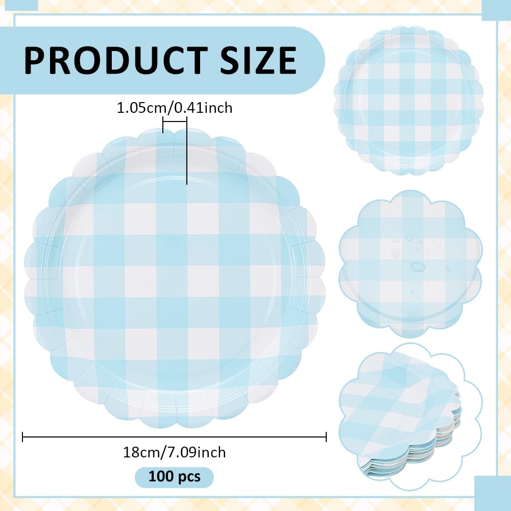 BENECREAT Assiettes Papier Festonnées Carreaux Bleu 100pcs 180mm