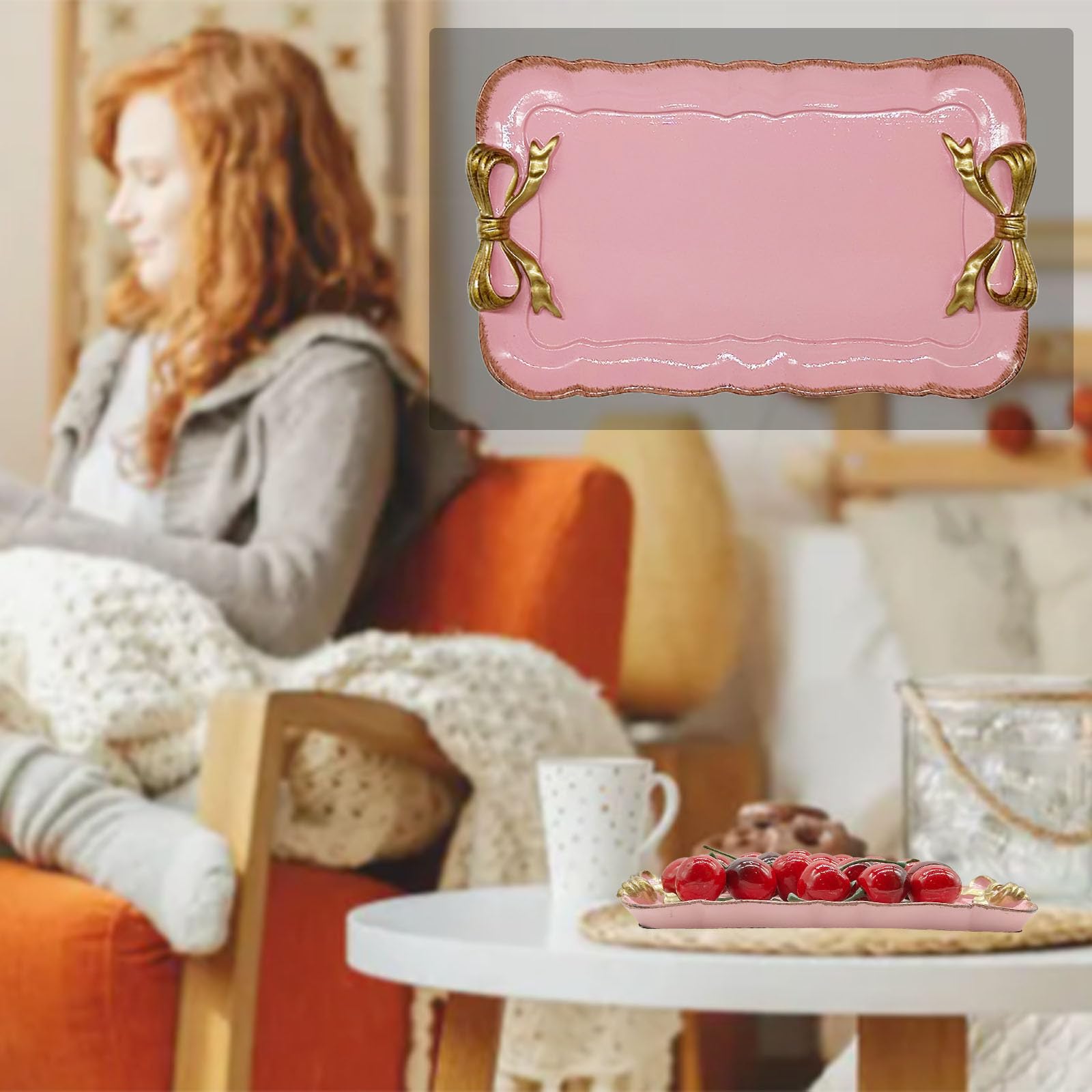 Cayway Plateau Résine Vintage Rectangle Rose Nœud