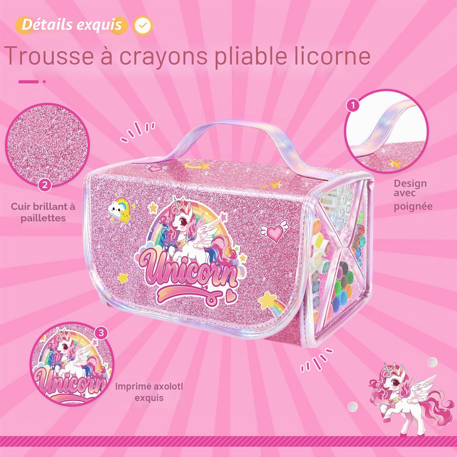 JYPS kit feutres licorne 70 pièces trousse paillettes