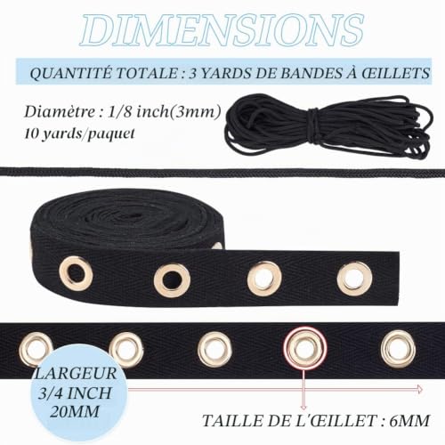 Benecreat ruban à œillets noir 2,7 m + cordon 9,1 m