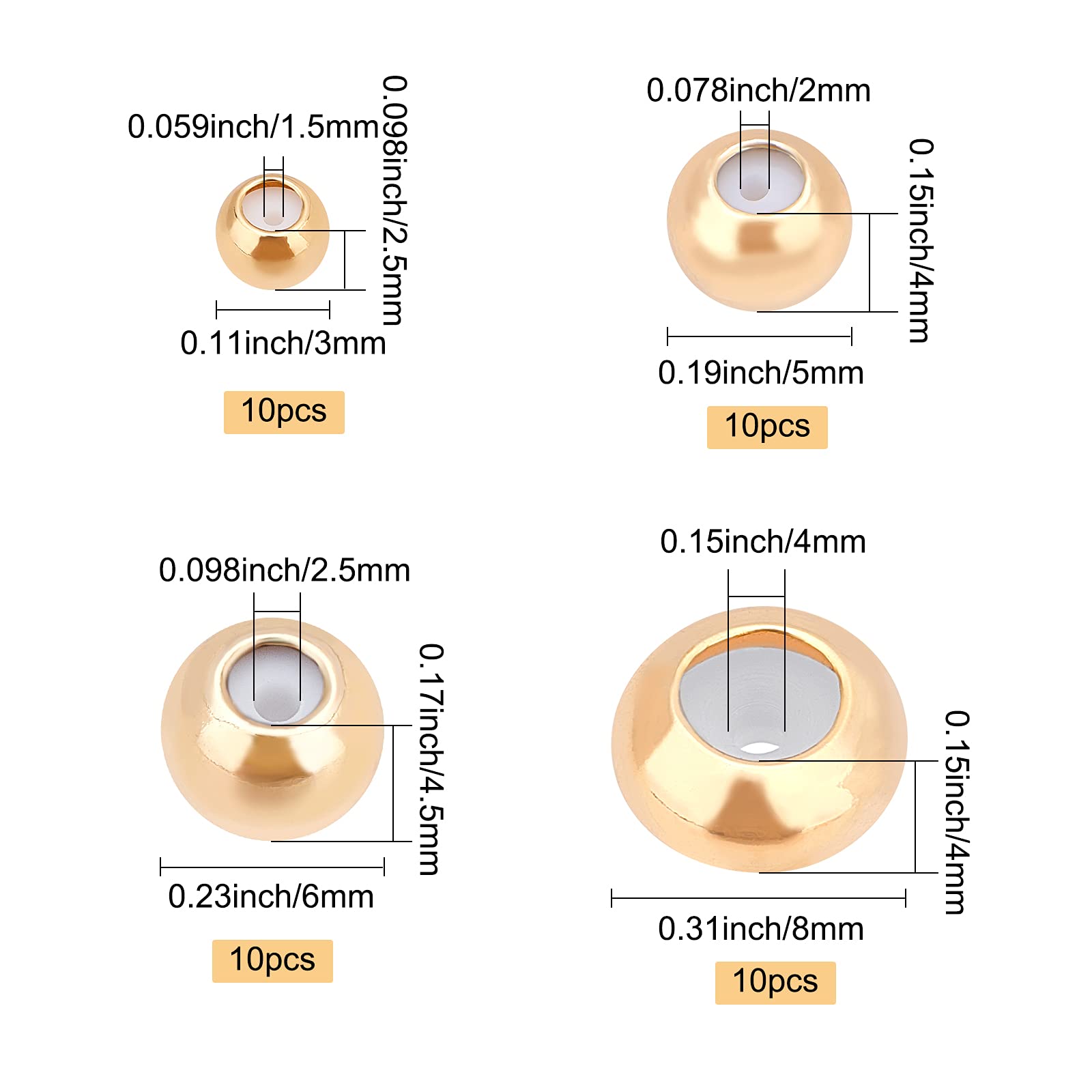 BENECREAT Perles stoppeur plaqué or 18K 40 pcs 4 tailles