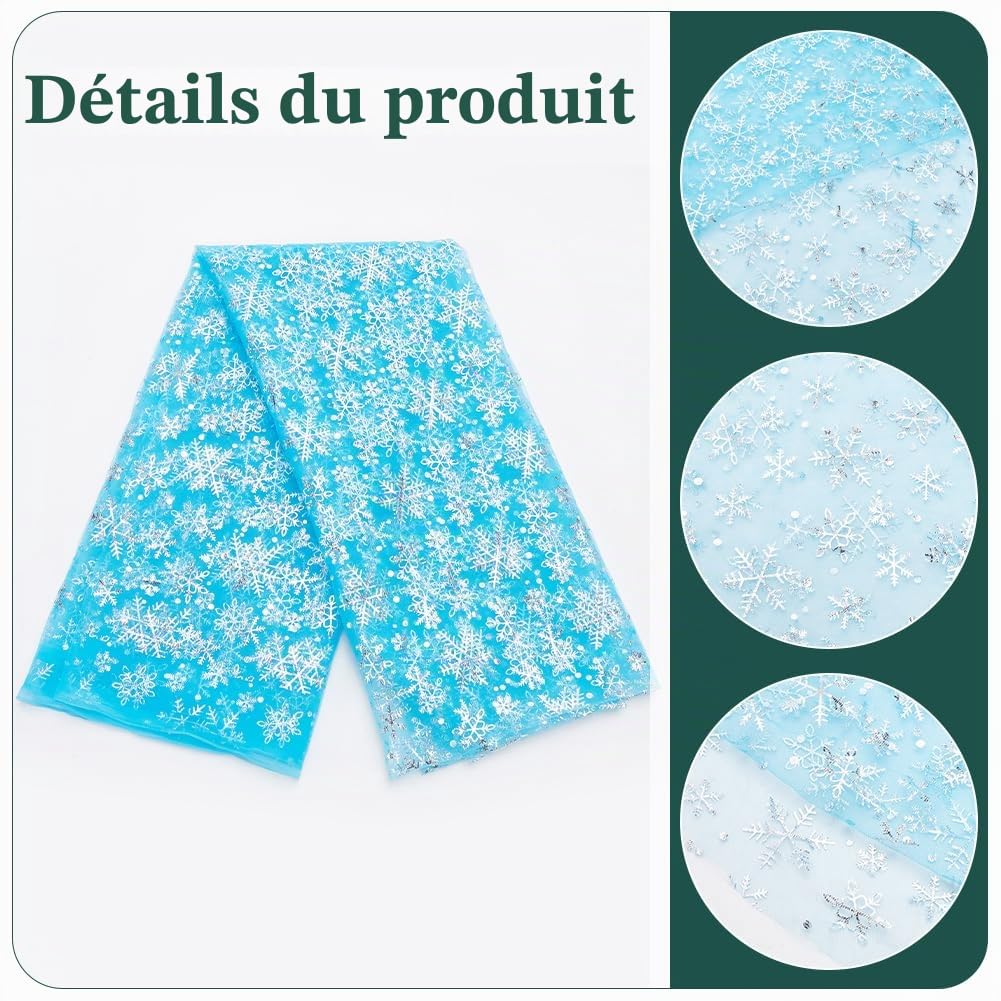 BENECREAT Tissu Tulle Bleu Flocon Argent 90x160cm Noël