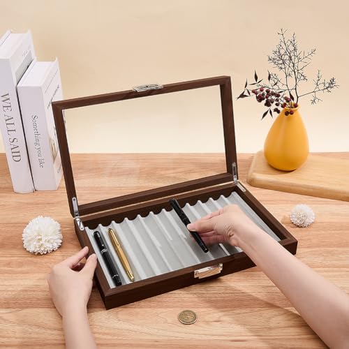 BENECREAT Boîte stylos bois noyer 12 places vitrée