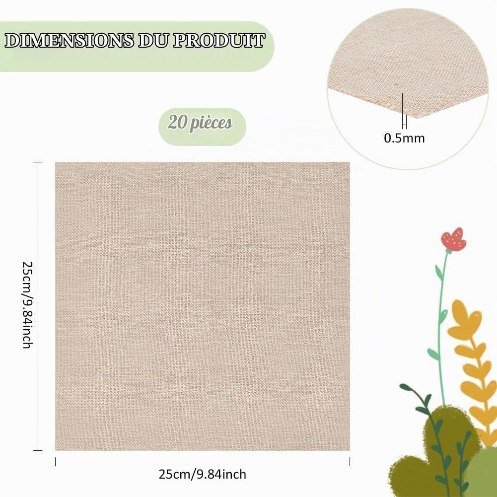 BENECREAT 20x 25x25 cm Tissu Lin Beige à Broder