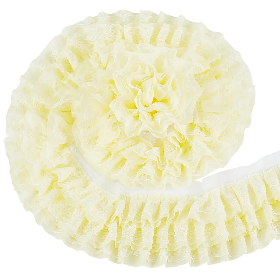 BENECREAT Galon Dentelle Plissée 3 Couches Jaune Clair 150mm x 2,3m