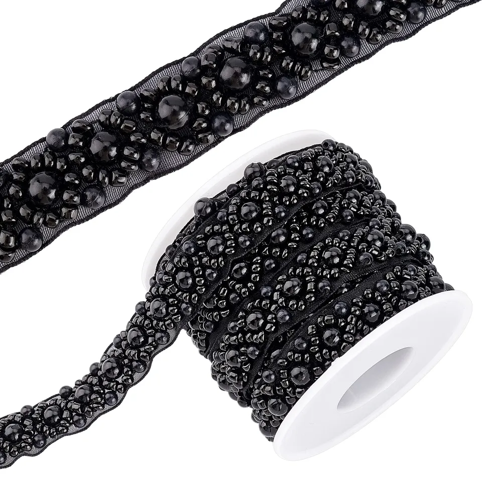 BENECREAT Ruban perlé noir strass 3m mariage