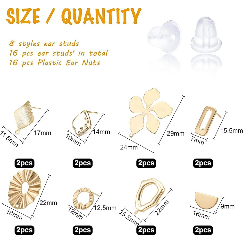 BENECREAT clous boucles d'oreilles plaqué or 18K 16 paires