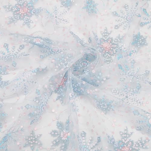 BENECREAT Tulle Flocon Neige Tissu Bleu Clair 90x156cm Paillettes