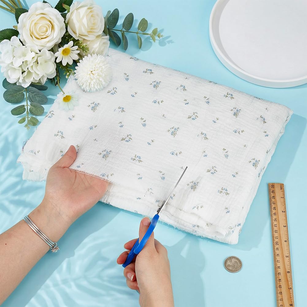BENECREAT tissu coton double gaze fleuri bleu 1,5 m