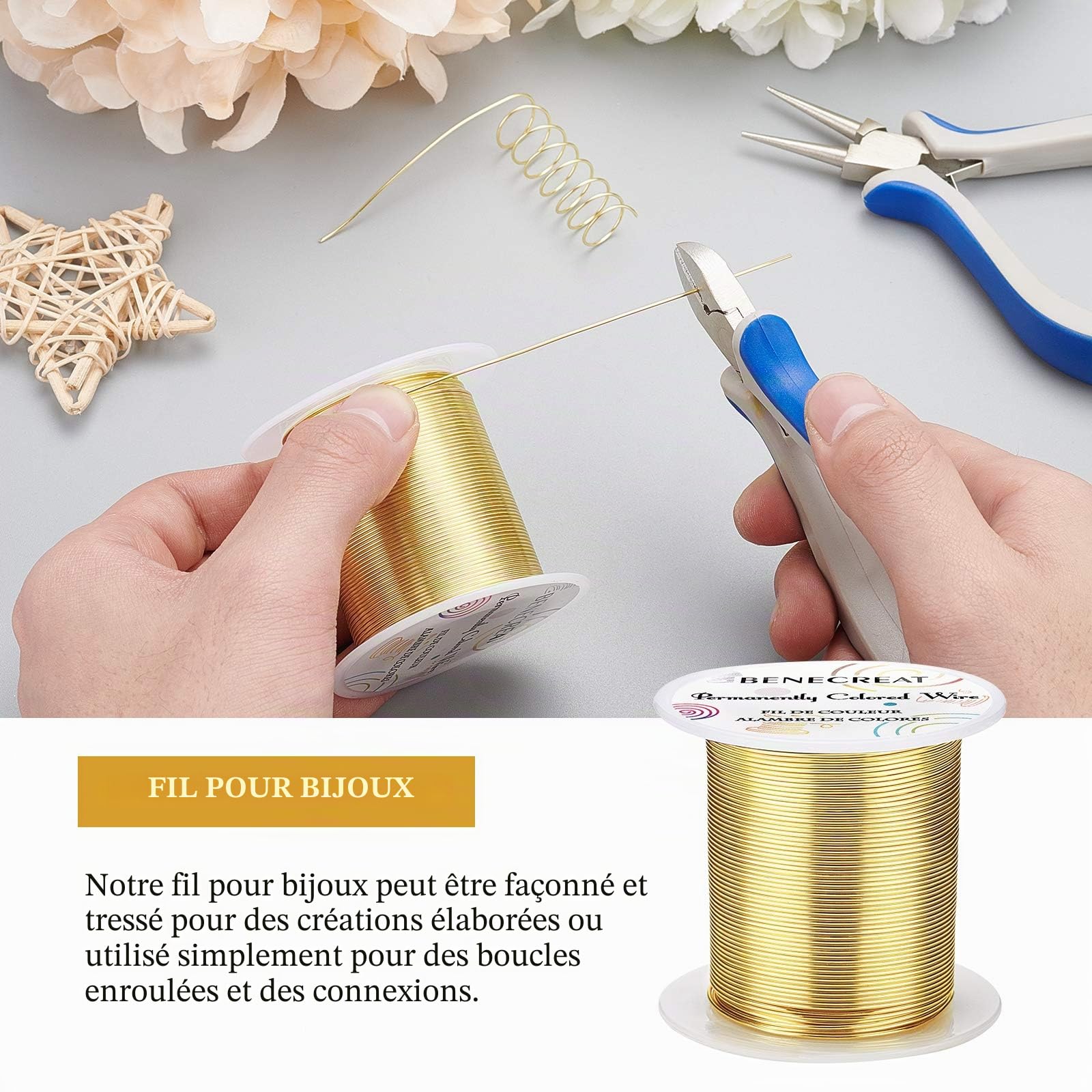 BENECREAT Fil cuivre 0,8mm fil bijoux or clair 30m