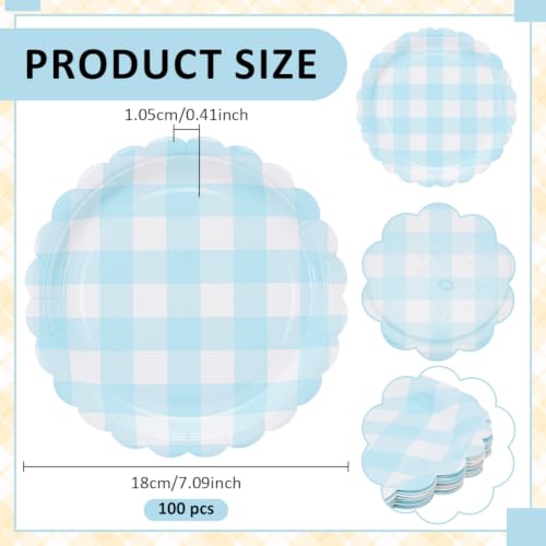 BENECREAT Assiettes Papier Festonnées Carreaux Bleu 100pcs 180mm