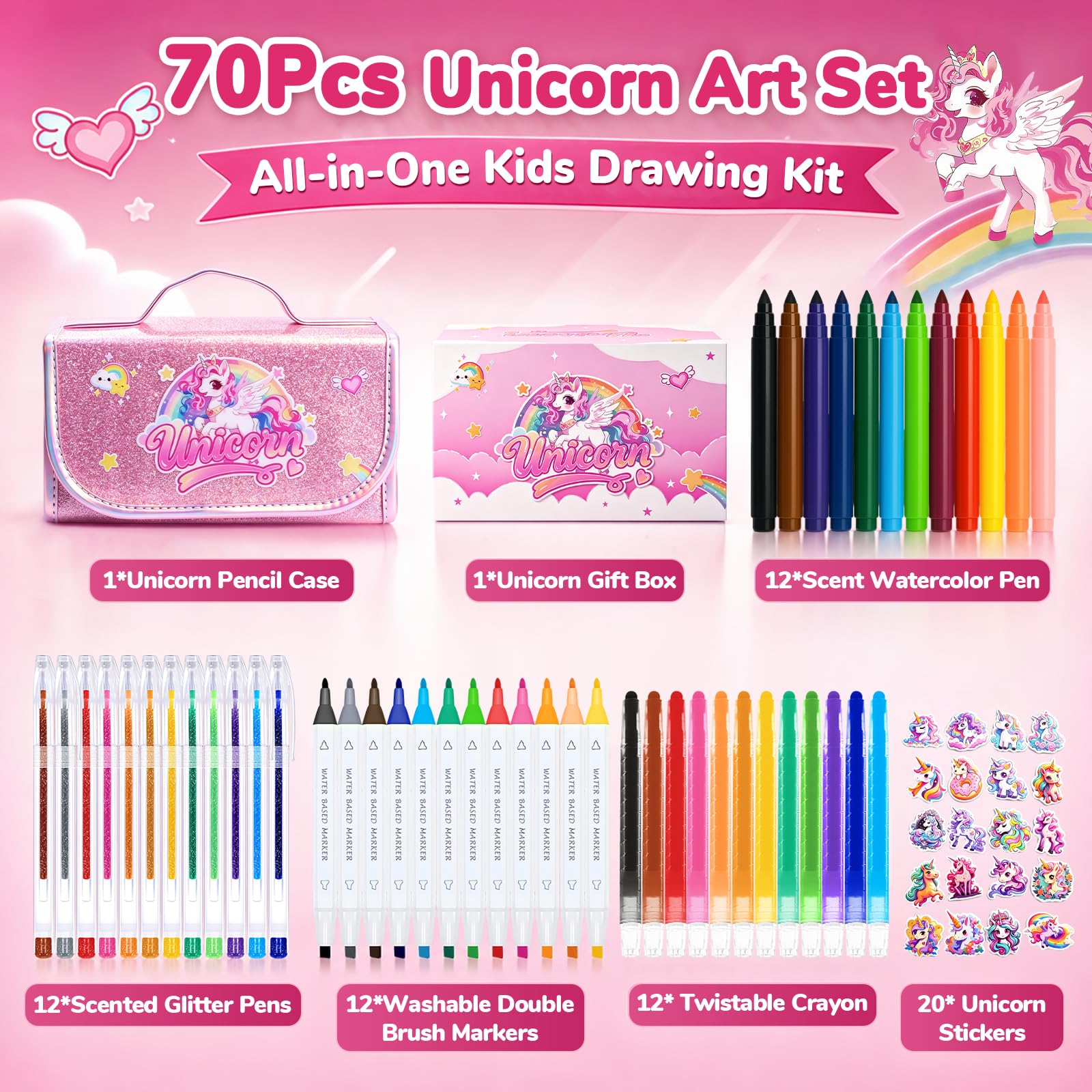 JYPS kit feutres licorne 70 pièces trousse paillettes