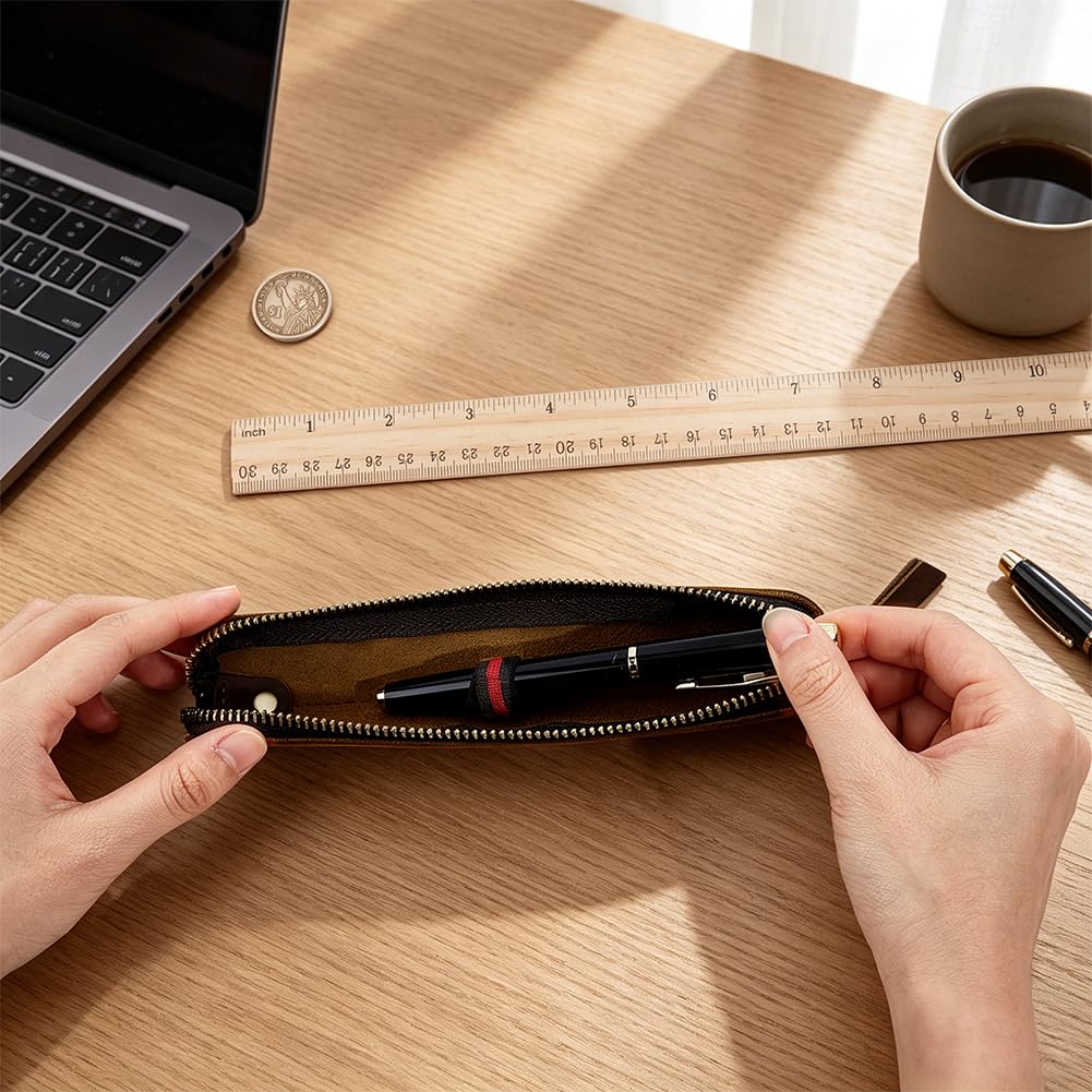 BENECREAT Étui stylo cuir zippé 19,5cm marron selle