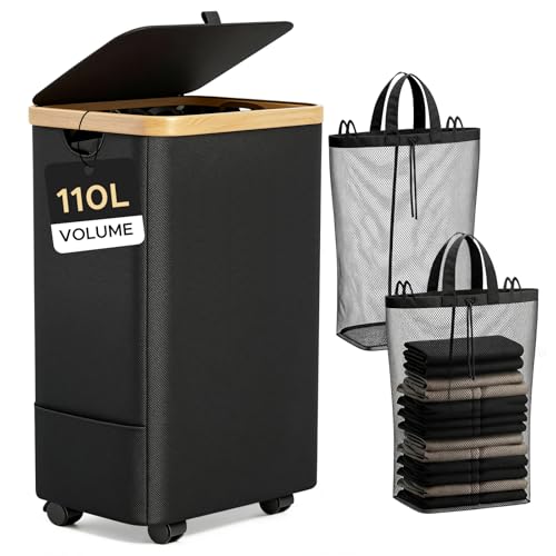 JYPS Panier à linge 110L 2 compartiments roulettes couvercle