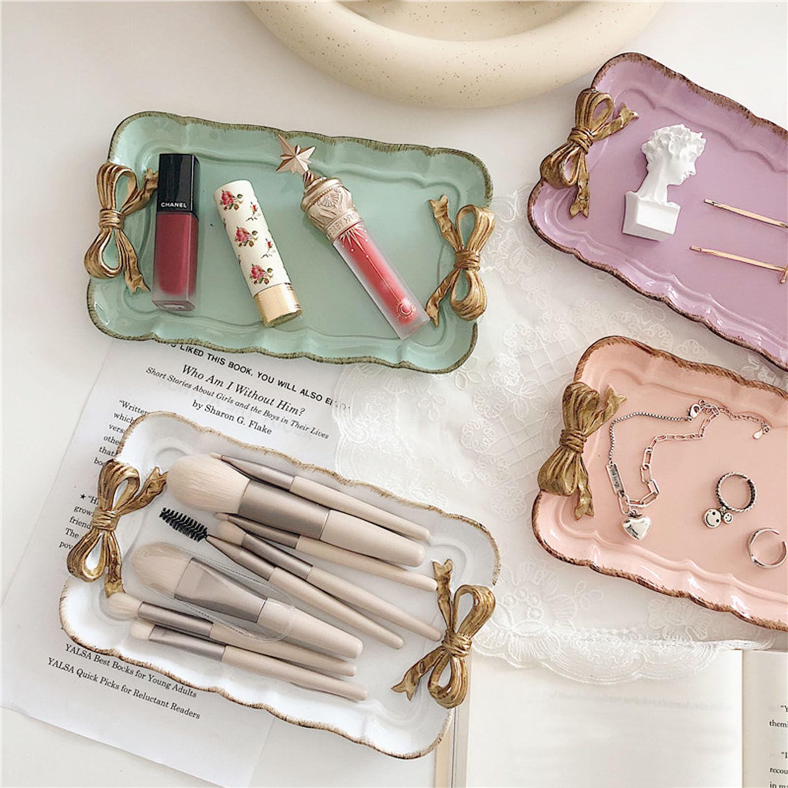 Cayway Plateau Résine Vintage Rectangle Rose Nœud