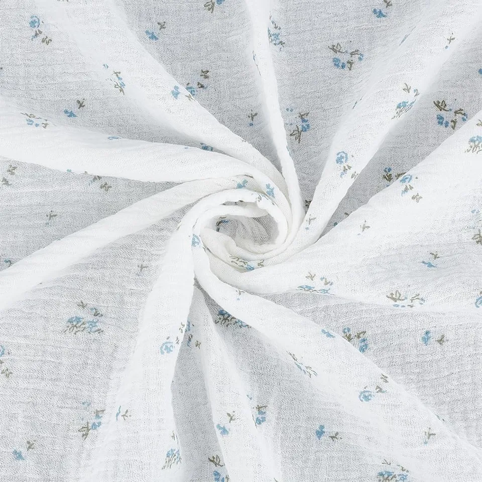 BENECREAT tissu coton double gaze fleuri bleu 1,5 m