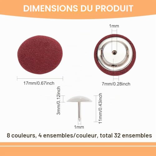 BENECREAT Boutons Ronds Tissu 17mm 8 Couleurs 32 pcs