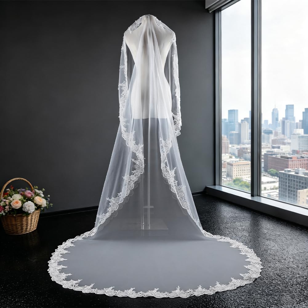 BENECREAT Voile Mariée Cathédrale Dentelle Blanc 300cm