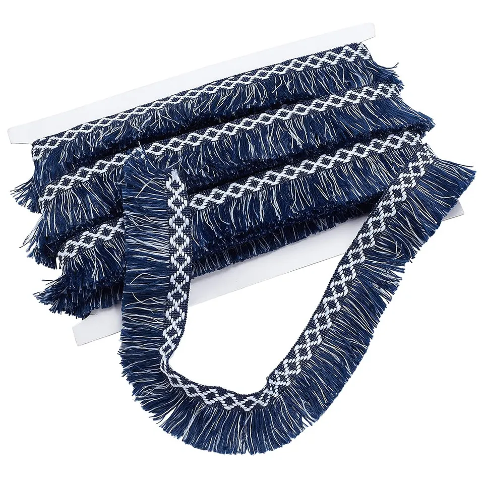 BENECREAT Galon frange ethnique blanc bleu 10 m 35 mm