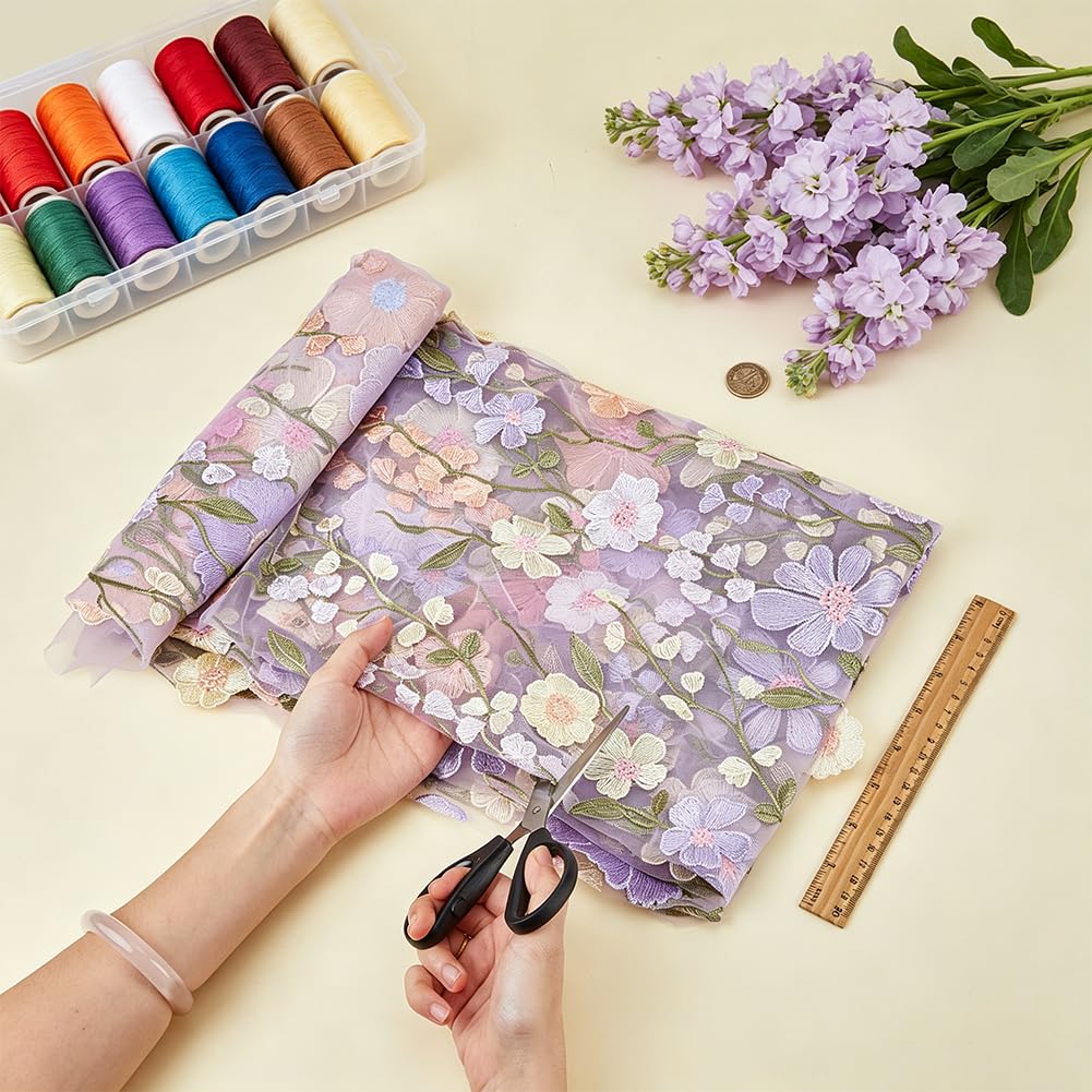 BENECREAT tissu dentelle fleurs 3D tulle mauve 1,66m