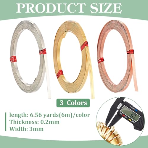 BENECREAT Fil Cuivre Plat 3x0.2mm Fil Bijoux 18m 3 Couleurs