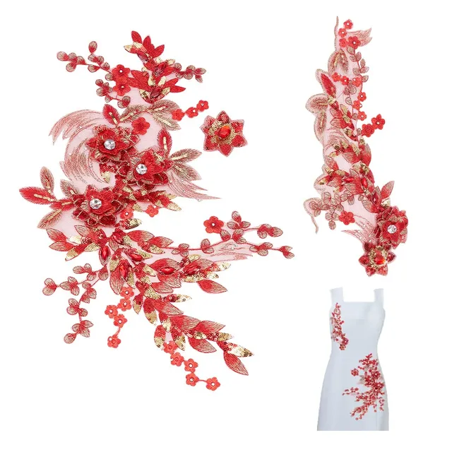 BENECREAT Patchs Fleurs Rouges 3D Dentelle Strass 2 Pcs