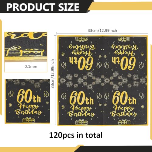 BENECREAT Serviettes 60e Anniversaire Noir Or 120pcs 33cm