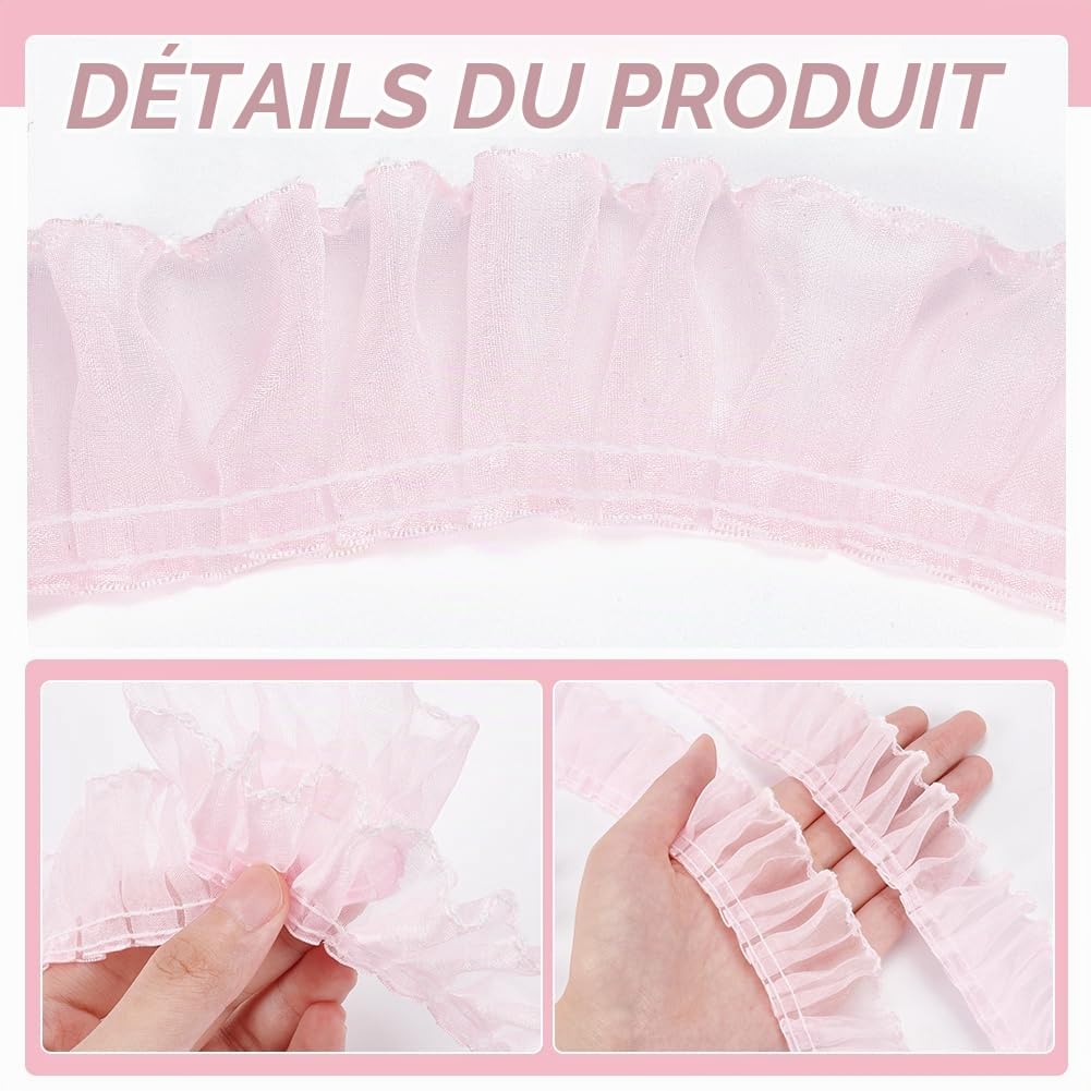 BENECREAT Ruban dentelle plissée rose blanc 40mm 7,3m couture