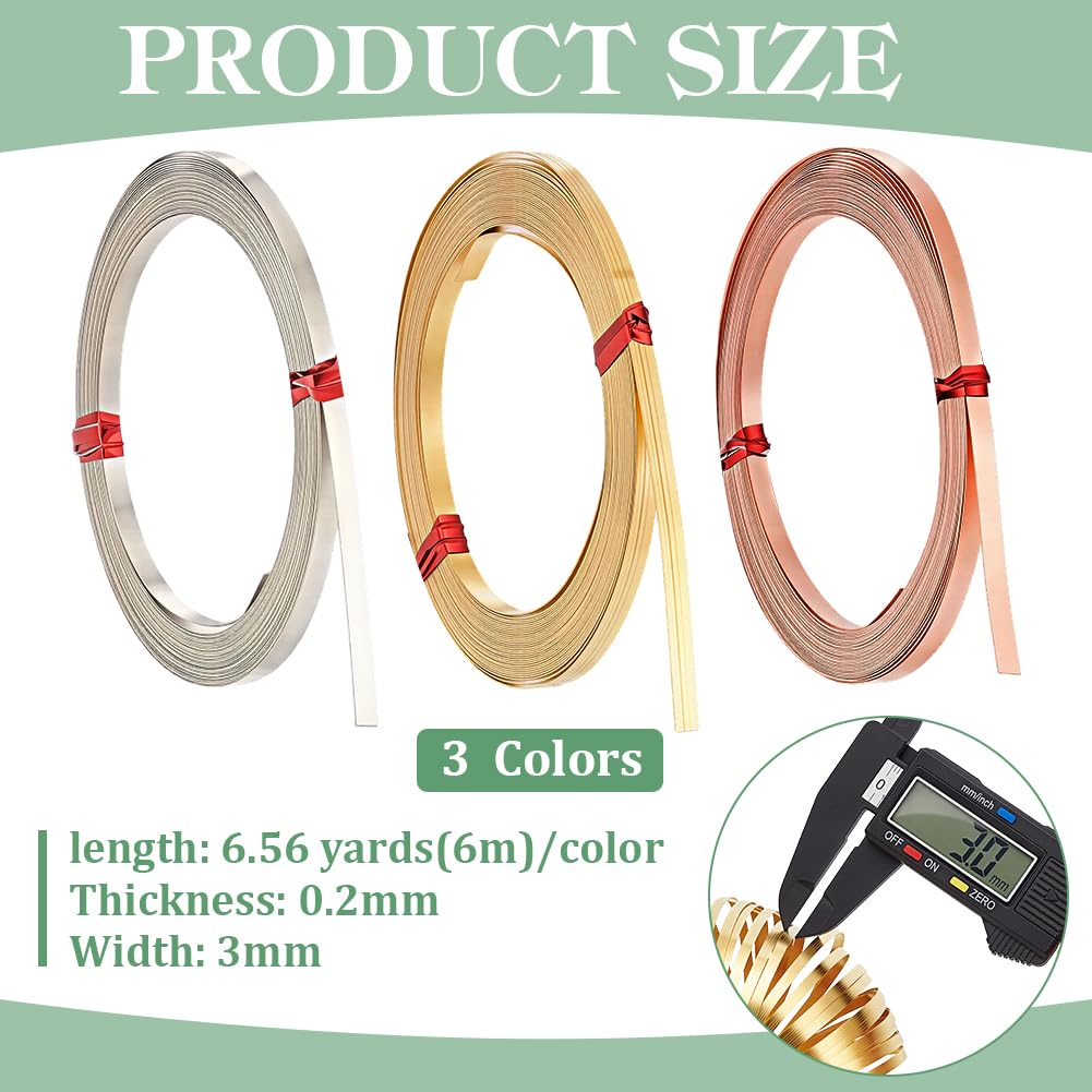 BENECREAT Fil Cuivre Plat 3x0.2mm Fil Bijoux 18m 3 Couleurs
