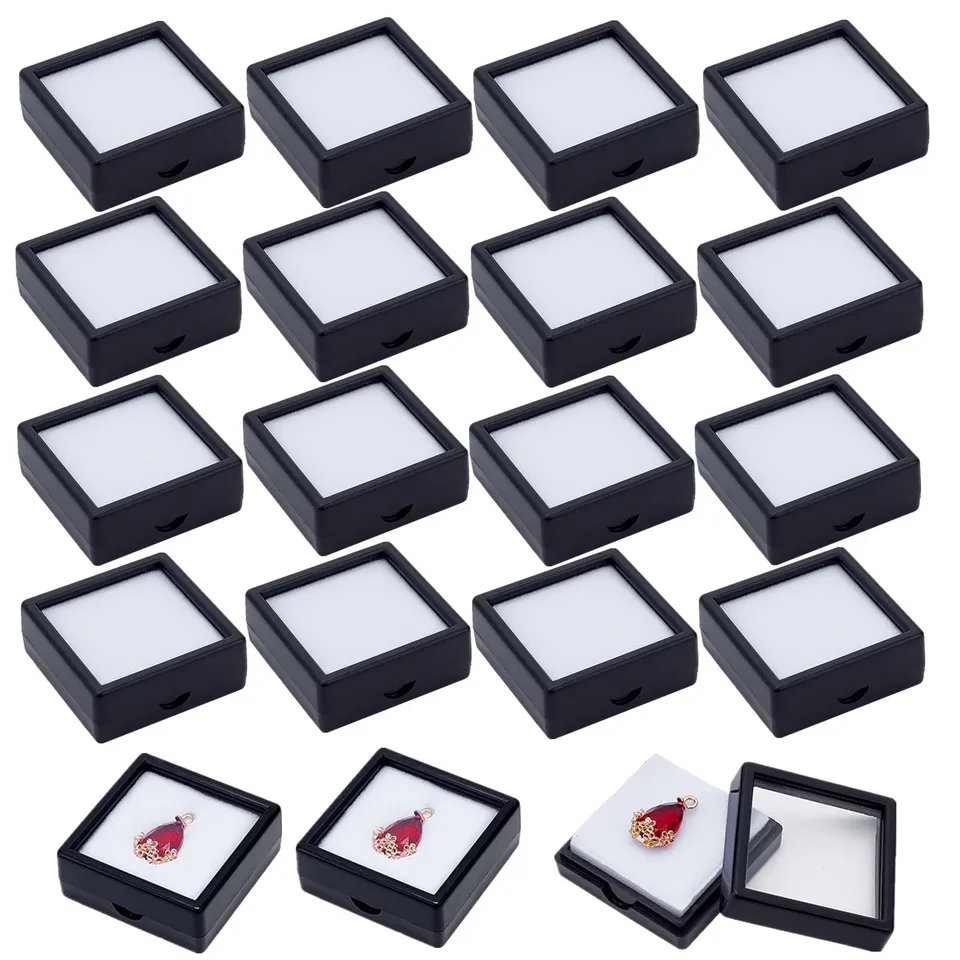 BENECREAT Boîtes gemmes noires 4x4 cm couvercle transparent 24 pcs