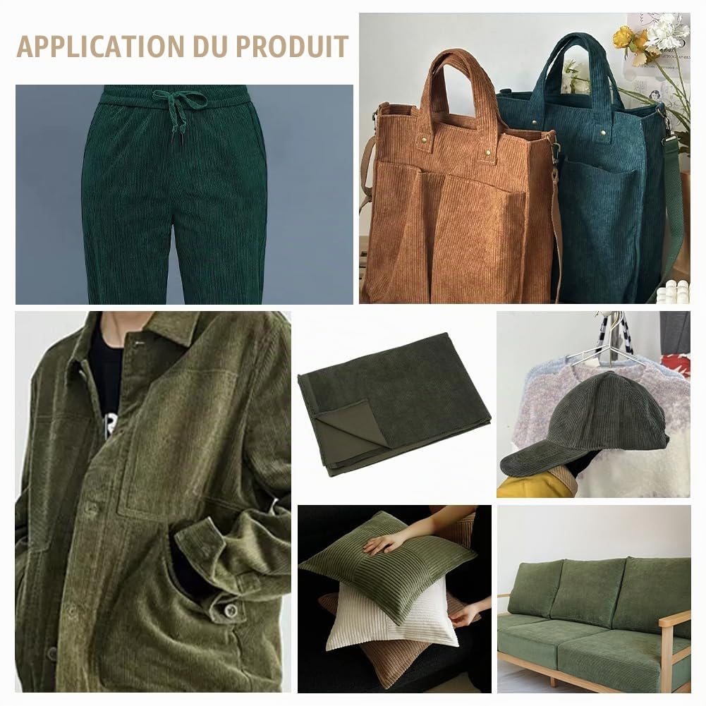 BENECREAT Tissu Velours Côtelé 155x100 cm Vert Olive Foncé Polyester