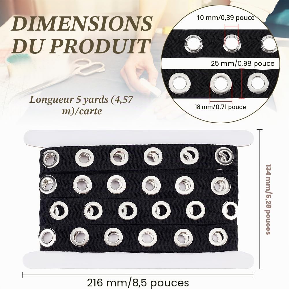 BENECREAT Ruban Œillets Coton Noir 4.5m 25mm Trou 10mm