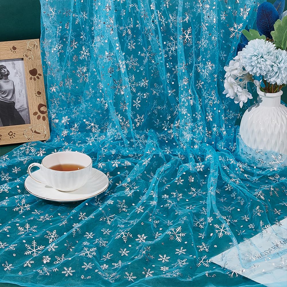 BENECREAT Tissu Tulle Bleu Flocon Argent 90x160cm Noël