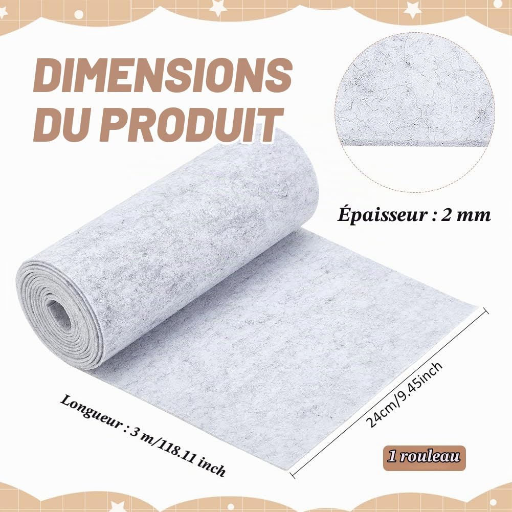 BENECREAT Feutre Tissu Rouleau 3m x 24cm 2mm Gris Clair