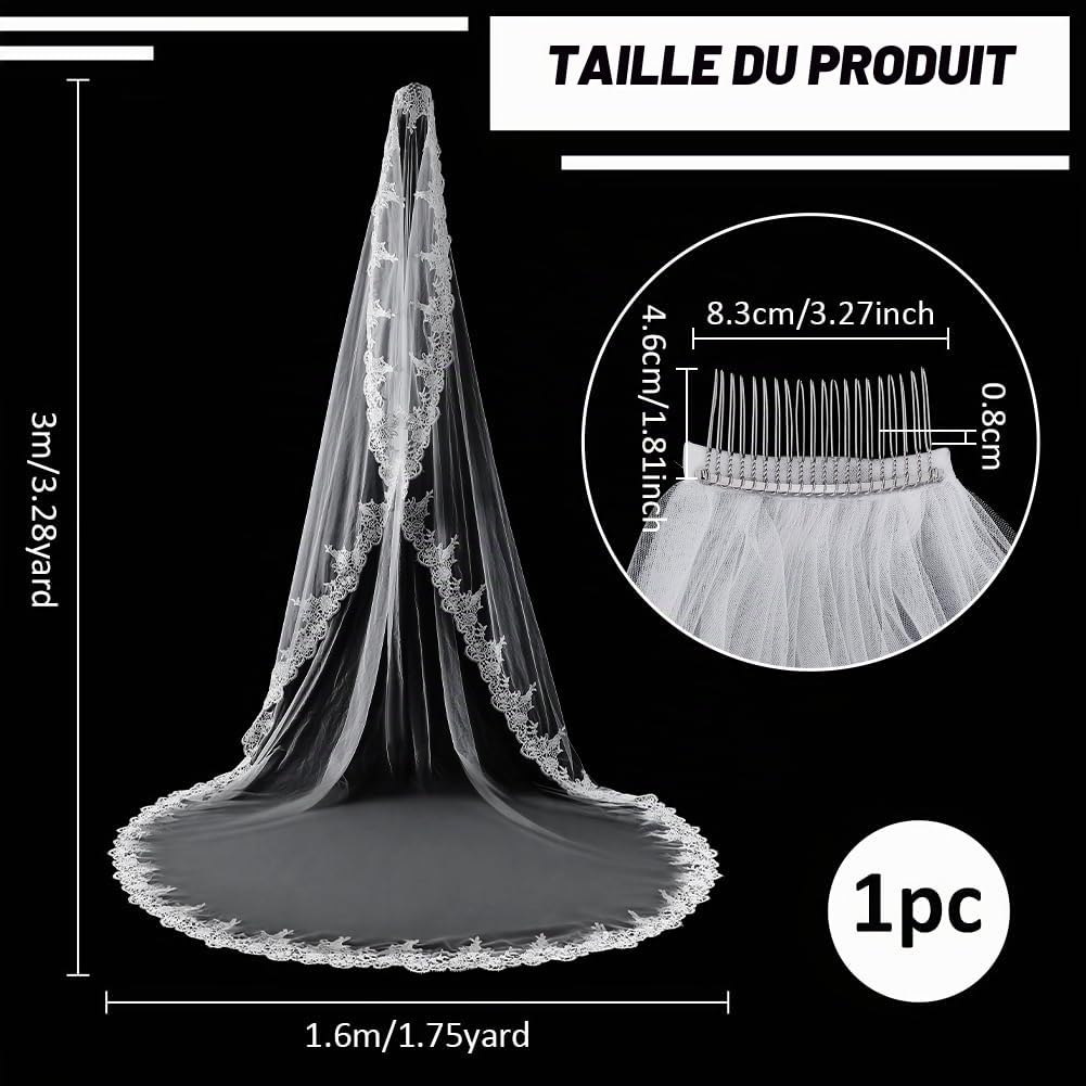 BENECREAT Voile Mariée Cathédrale Dentelle Blanc 300cm