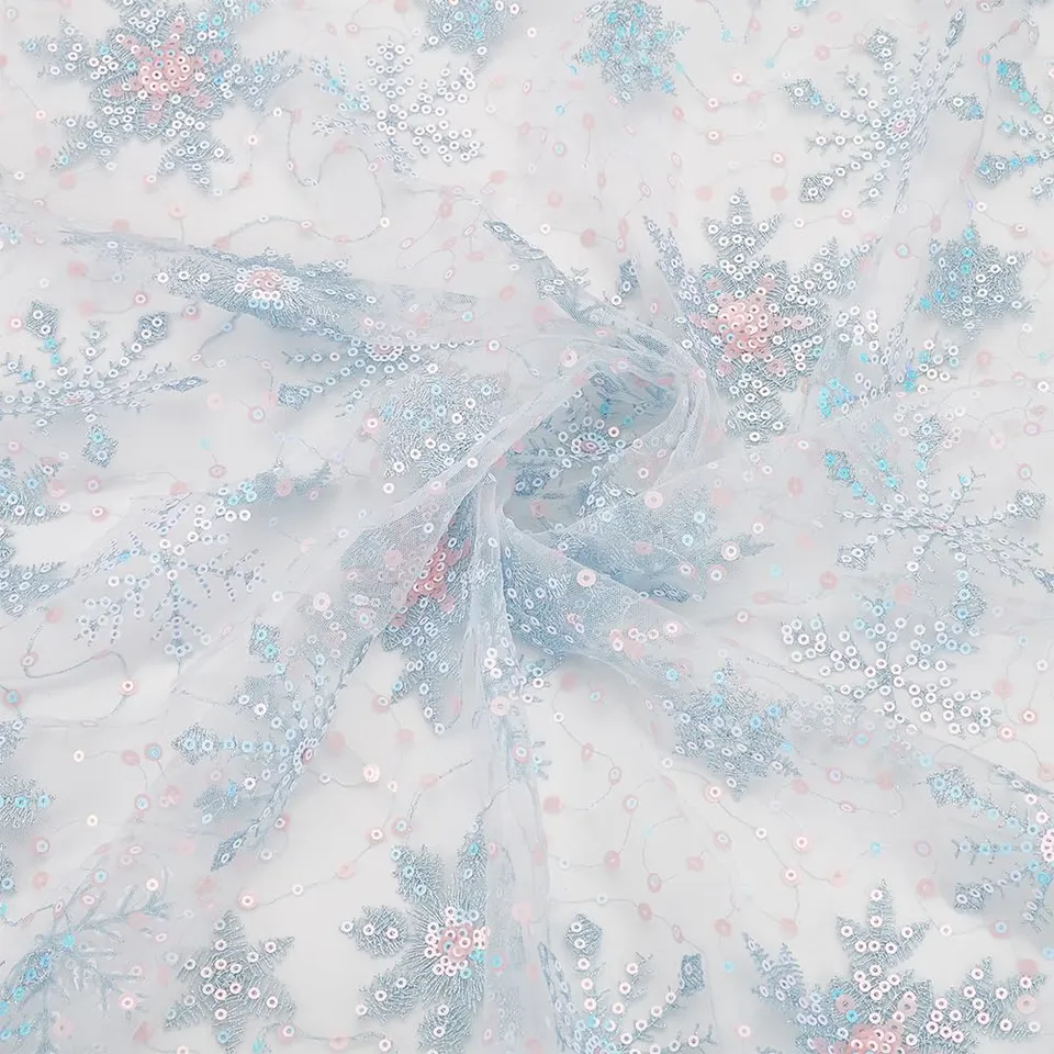 BENECREAT Tulle Flocon Neige Tissu Bleu Clair 90x156cm Paillettes