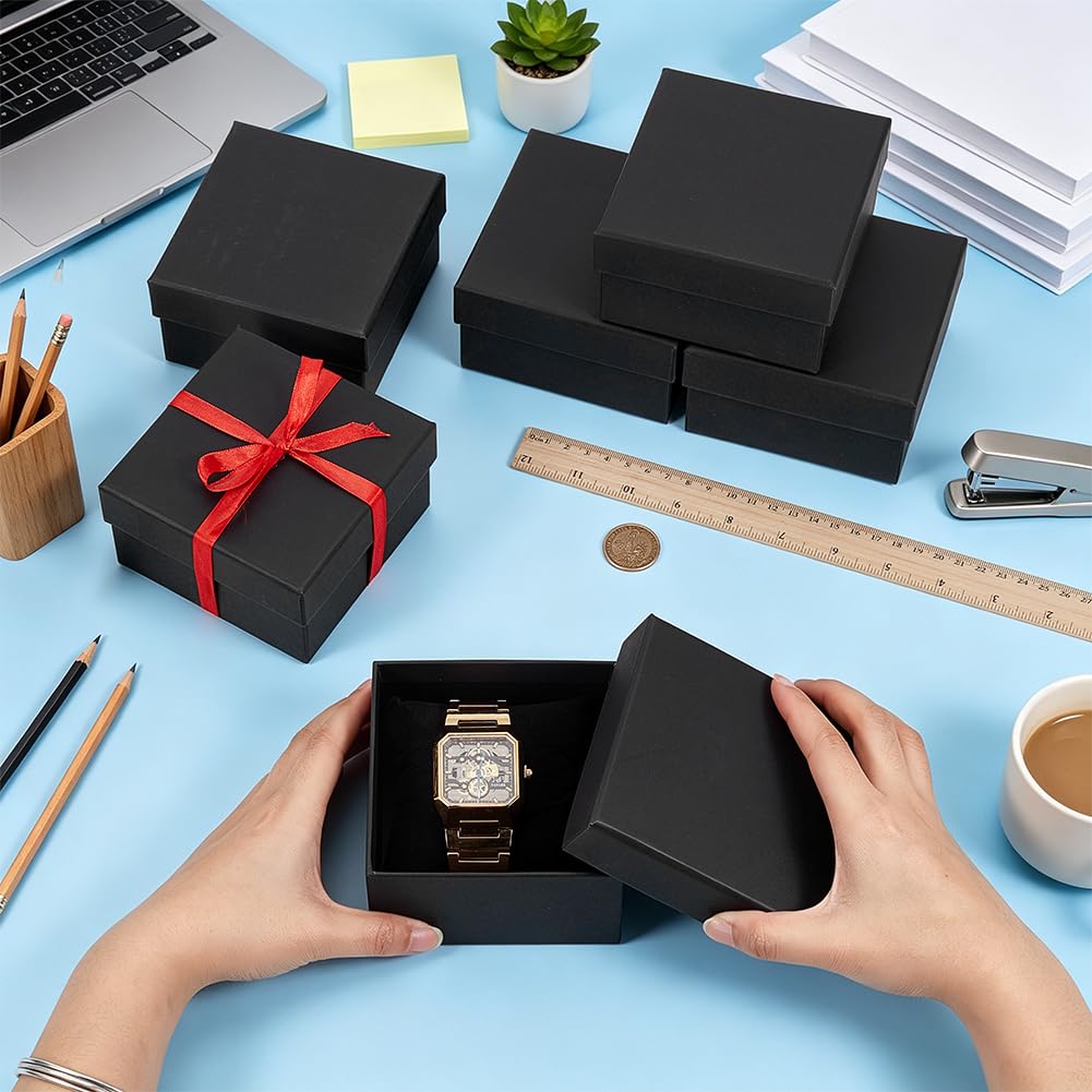 BENECREAT Boîte montre carton noir avec couvercle x6