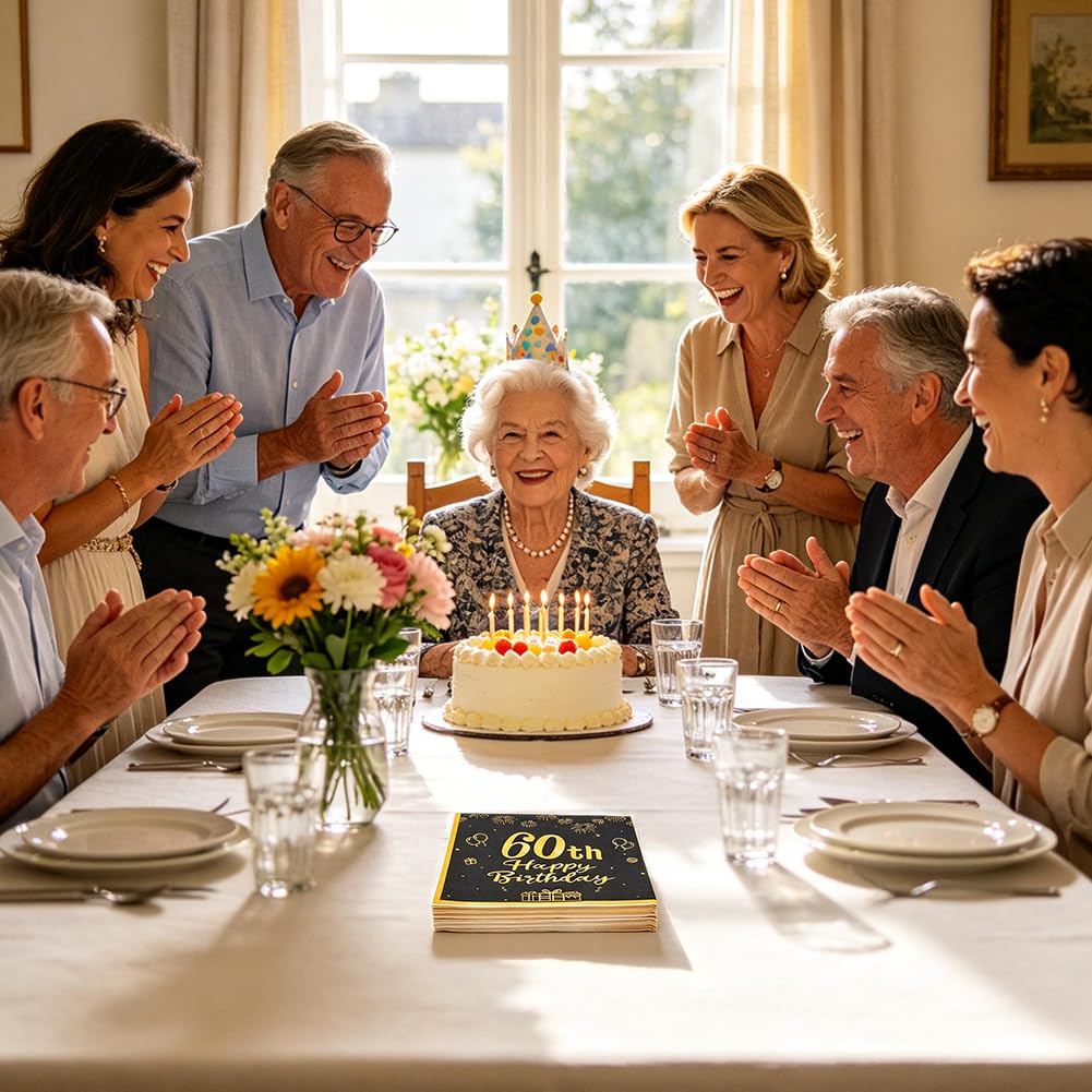 BENECREAT Serviettes 60e Anniversaire Noir Or 120pcs 33cm