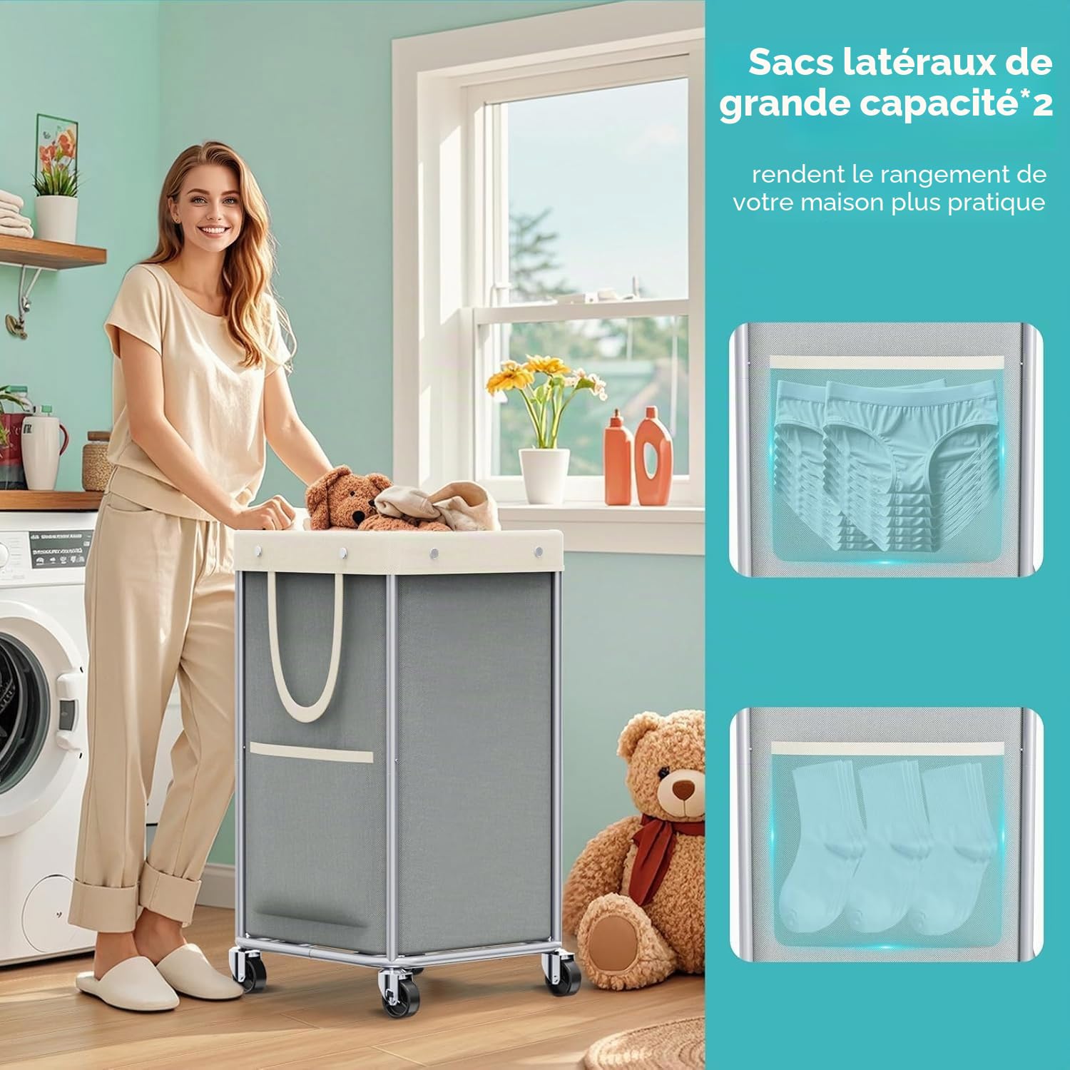 JYPS Panier À Linge Roulettes Gris 150L 50x40x80cm